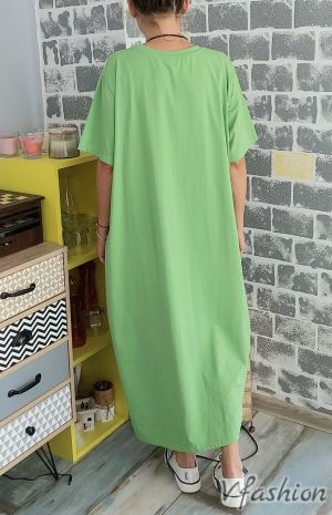 Памучна рокля с арт щампа - зелена - 179153